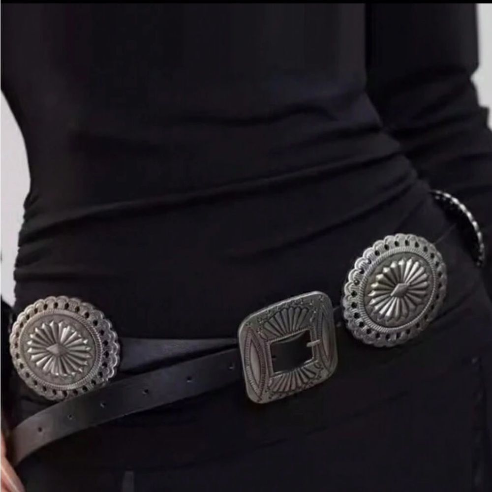 Free People Black Leather Western Concho Belt with Silver Accents